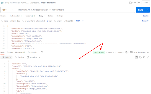 Create cashbacks response — HTTP 201 and cashback id