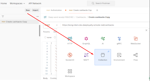 Postman Import dialog — upload deeployalty_cashbacks.postman_collection.json